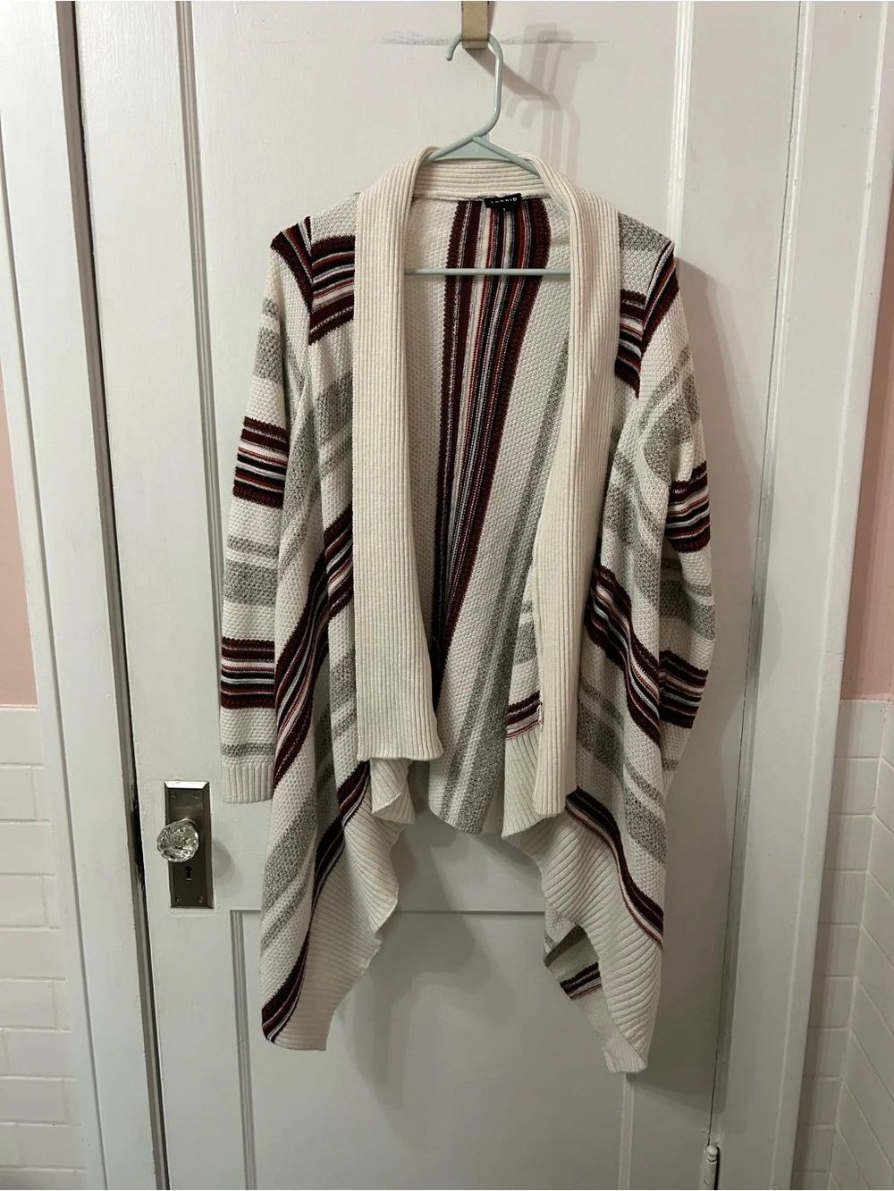 torrid Cream Open-Front Striped Drape Cardigan with Burgundy & Gray Accents